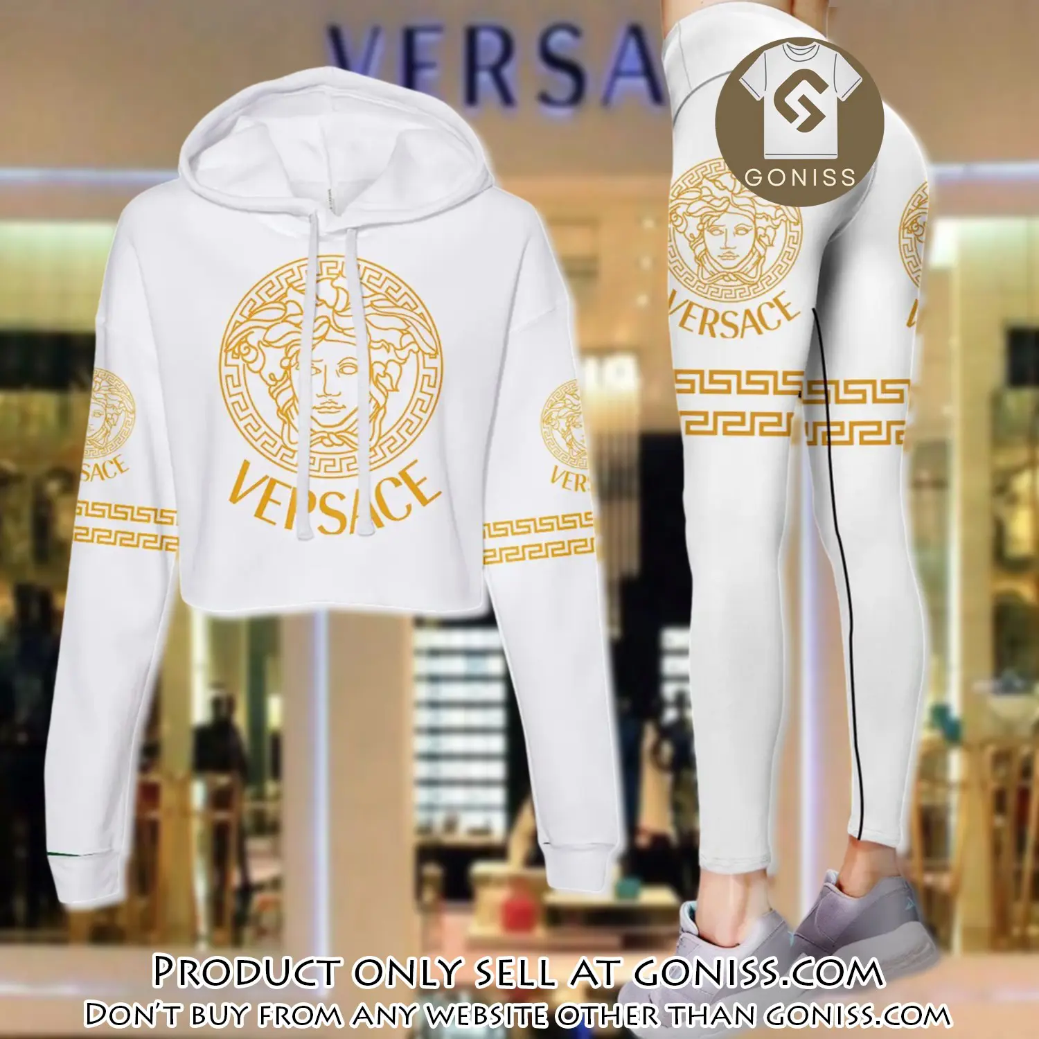 Versace golden medusa white luxury brand clothes leggings and crop top set for women gn0113677